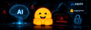 Cybersecurity scene with a glowing AI brain on the left, a cheerful emoji center, and a hooded hacker at a laptop displaying 'System Compromised' on the screen; warning icons around.