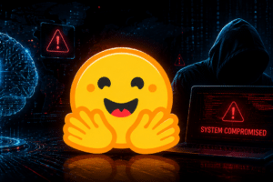 Cybersecurity scene with a glowing AI brain on the left, a cheerful emoji center, and a hooded hacker at a laptop displaying 'System Compromised' on the screen; warning icons around.