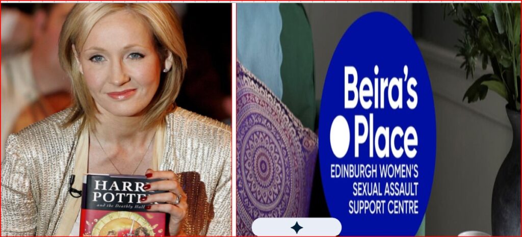 Left: a smiling woman with blonde hair holds a Harry Potter book at a book event; right: a blue Beira's Place sign for Edinburgh Women's Sexual Assault Support Centre visible.