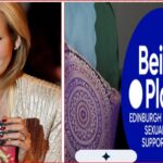 Left: a smiling woman with blonde hair holds a Harry Potter book at a book event; right: a blue Beira's Place sign for Edinburgh Women's Sexual Assault Support Centre visible.