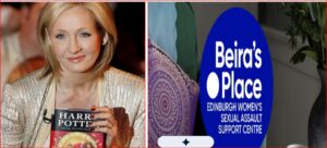 Left: a smiling woman with blonde hair holds a Harry Potter book at a book event; right: a blue Beira's Place sign for Edinburgh Women's Sexual Assault Support Centre visible.
