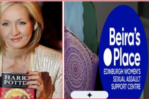Left: a smiling woman with blonde hair holds a Harry Potter book at a book event; right: a blue Beira's Place sign for Edinburgh Women's Sexual Assault Support Centre visible.