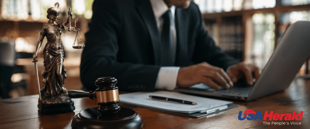Statue of Lady Justice with scales and sword on a desk, gavel nearby, while a person in a suit types on a laptop amid papers (USA Herald logo).