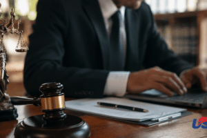 Statue of Lady Justice with scales and sword on a desk, gavel nearby, while a person in a suit types on a laptop amid papers (USA Herald logo).