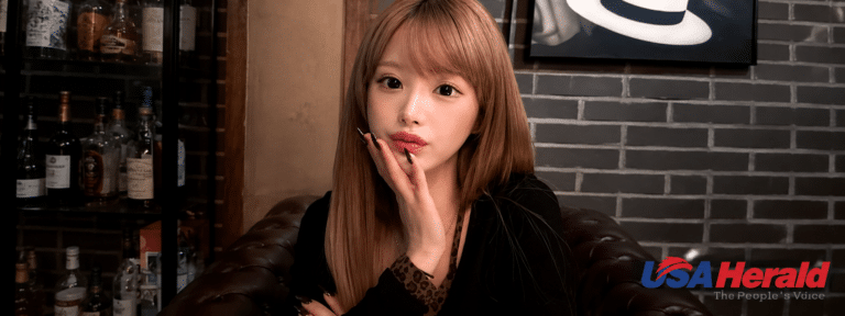 Portrait of a young woman with long light brown hair sitting on a leather sofa in a dim bar, touching her lips with her hand and black nails visible, bottles on a shelf in the background.