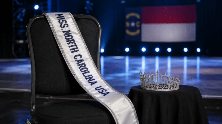 Empty Miss North Carolina USA chair with the titleholder’s sash and crown set aside.