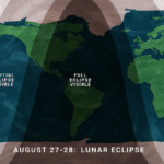 World map with shaded bands showing lunar eclipse visibility; text reads 'August 27-28: Lunar Eclipse' with USA Herald logo in corner.