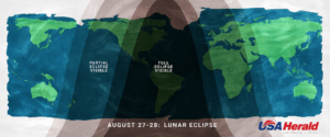 World map with shaded bands showing lunar eclipse visibility; text reads 'August 27-28: Lunar Eclipse' with USA Herald logo in corner.