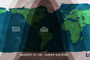 World map with shaded bands showing lunar eclipse visibility; text reads 'August 27-28: Lunar Eclipse' with USA Herald logo in corner.