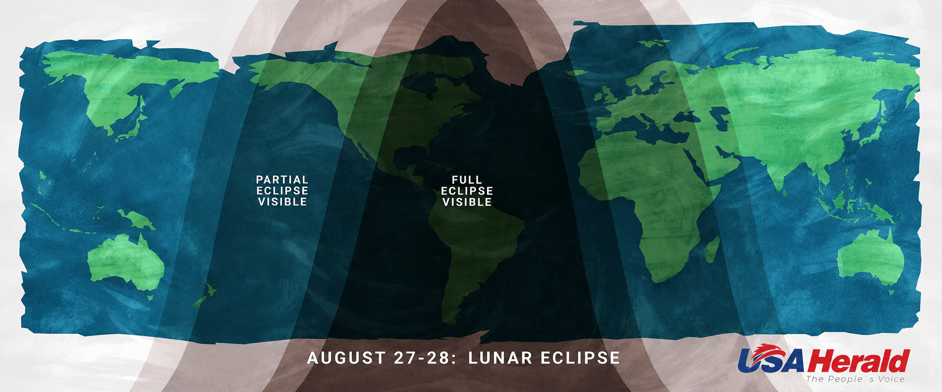 World map with shaded bands showing lunar eclipse visibility; text reads 'August 27-28: Lunar Eclipse' with USA Herald logo in corner.