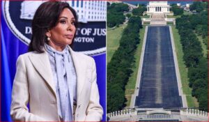 Side-by-side: Kamala Harris speaking at a press briefing on the left; the Lincoln Memorial and long reflecting pool in Washington, D.C. on the right.