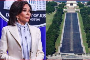 Side-by-side: Kamala Harris speaking at a press briefing on the left; the Lincoln Memorial and long reflecting pool in Washington, D.C. on the right.
