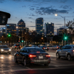 Surveillance camera mounted on a metal pole overlooking a busy city street at dusk with cars, traffic lights, and a skyline in the background (USA Herald logo bottom right).