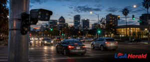 Surveillance camera mounted on a metal pole overlooking a busy city street at dusk with cars, traffic lights, and a skyline in the background (USA Herald logo bottom right).