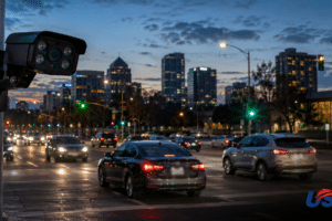 Surveillance camera mounted on a metal pole overlooking a busy city street at dusk with cars, traffic lights, and a skyline in the background (USA Herald logo bottom right).