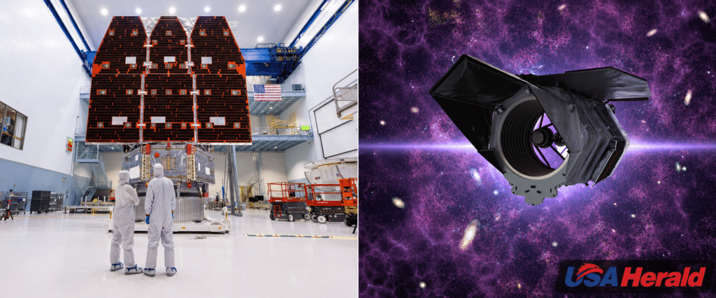 Two-panel image: left shows technicians in cleanroom with a large satellite array, right shows a space telescope instrument against a purple starry backdrop with 'USA Herald' logo.