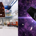 Two-panel image: left shows technicians in cleanroom with a large satellite array, right shows a space telescope instrument against a purple starry backdrop with 'USA Herald' logo.