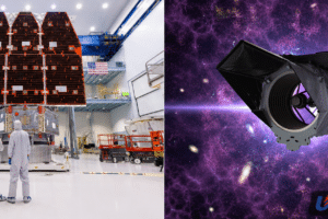 Two-panel image: left shows technicians in cleanroom with a large satellite array, right shows a space telescope instrument against a purple starry backdrop with 'USA Herald' logo.