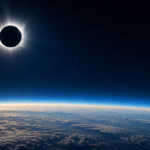 Total solar eclipse viewed from space with the Moon blocking the Sun and a bright corona, over Earth's curved horizon and blue atmosphere.