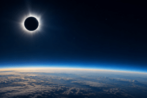 Total solar eclipse viewed from space with the Moon blocking the Sun and a bright corona, over Earth's curved horizon and blue atmosphere.