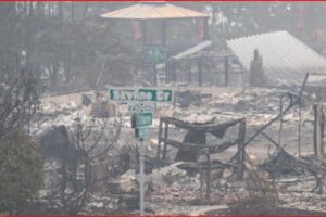 Charred ruins of a residential area after a fire, with a green street sign reading 'Limestone Dr' in the foreground.