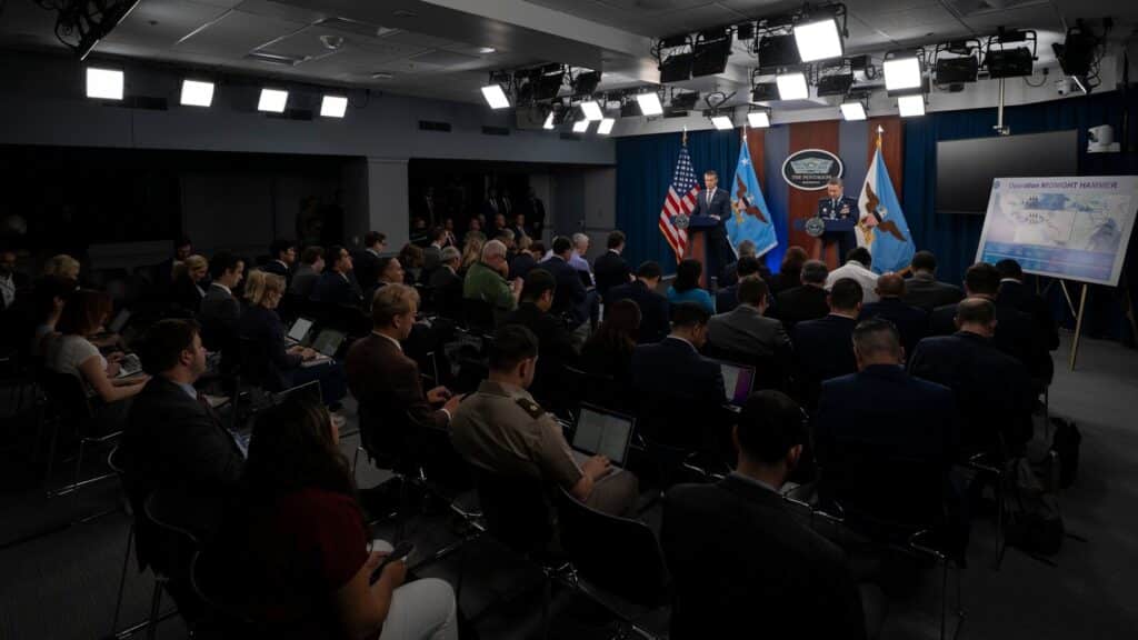 Reporters attend a Pentagon press briefing led by Pete Hegseth in June 2025.