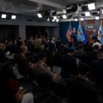 Reporters attend a Pentagon press briefing led by Pete Hegseth in June 2025.