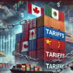 Stacked cargo containers labeled 'Tariffs' chained to ships and flags of Canada, Mexico, and the US to show trade barriers.
