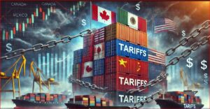 Stacked cargo containers labeled 'Tariffs' chained to ships and flags of Canada, Mexico, and the US to show trade barriers.