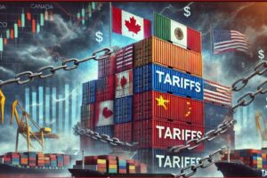 Stacked cargo containers labeled 'Tariffs' chained to ships and flags of Canada, Mexico, and the US to show trade barriers.
