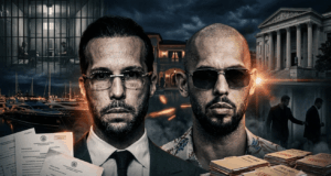 Two men with stern expressions in front of a crime-drama collage of courthouse, papers, and money at night behind them, suggesting legal trouble or crime.