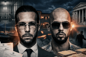 Two men with stern expressions in front of a crime-drama collage of courthouse, papers, and money at night behind them, suggesting legal trouble or crime.