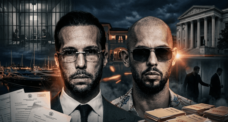Two men with stern expressions in front of a crime-drama collage of courthouse, papers, and money at night behind them, suggesting legal trouble or crime.