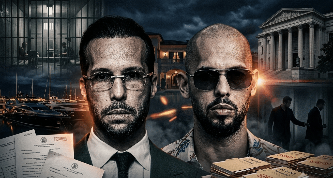 Two men with stern expressions in front of a crime-drama collage of courthouse, papers, and money at night behind them, suggesting legal trouble or crime.