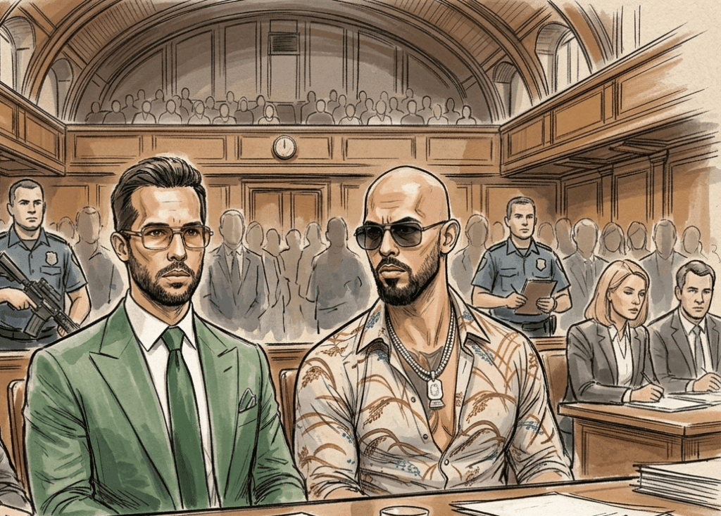 Two men sit at a defendant's table in a courtroom: a bearded man in a green suit and another with tattoos wearing sunglasses, with officials and spectators in the background.