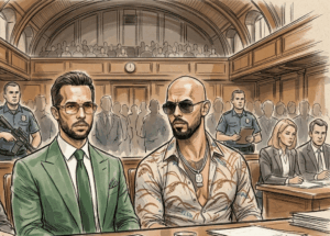 Two men sit at a defendant's table in a courtroom: a bearded man in a green suit and another with tattoos wearing sunglasses, with officials and spectators in the background.