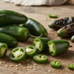 Fresh and roasted jalapeño peppers on a wooden board, some sliced open to reveal seeds and pale interior of the peppers.