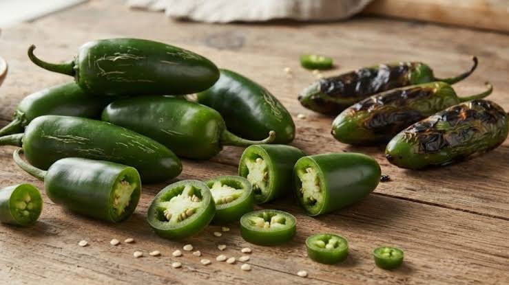 Fresh and roasted jalapeño peppers on a wooden board, some sliced open to reveal seeds and pale interior of the peppers.
