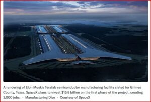 Aerial rendering of SpaceX's large manufacturing facility with long white buildings arranged in parallel rows and a curved central hub, set on a flat, wooded landscape at dusk in Texas.
