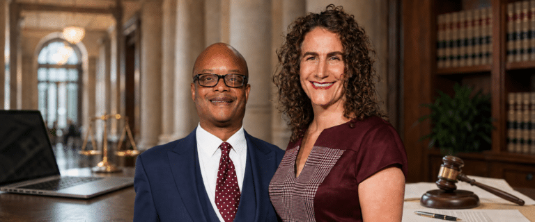 Two professionals smiling side by side in a law library, with a gavel and books nearby. The man wears a navy suit and red polka-dot tie, and the woman wears a burgundy dress with a checked pattern.
