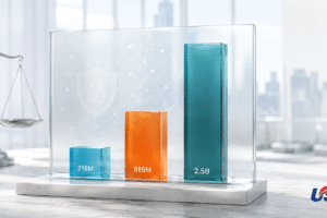 Balanced scale and an acrylic infographic showcasing three data bars (218M, 885M, 2.5B) with a security shield motif; USA Herald logo bottom right.