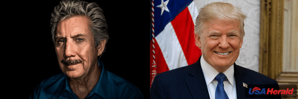 Split image showing two men: left a close-up portrait against black background in a teal shirt; right a smiling man in a dark suit with a U.S. flag backdrop and USA Herald watermark.