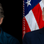 Split image showing two men: left a close-up portrait against black background in a teal shirt; right a smiling man in a dark suit with a U.S. flag backdrop and USA Herald watermark.