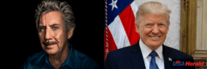 Split image showing two men: left a close-up portrait against black background in a teal shirt; right a smiling man in a dark suit with a U.S. flag backdrop and USA Herald watermark.