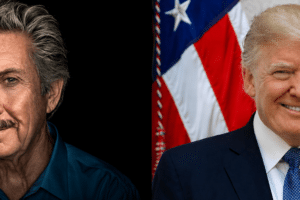 Split image showing two men: left a close-up portrait against black background in a teal shirt; right a smiling man in a dark suit with a U.S. flag backdrop and USA Herald watermark.