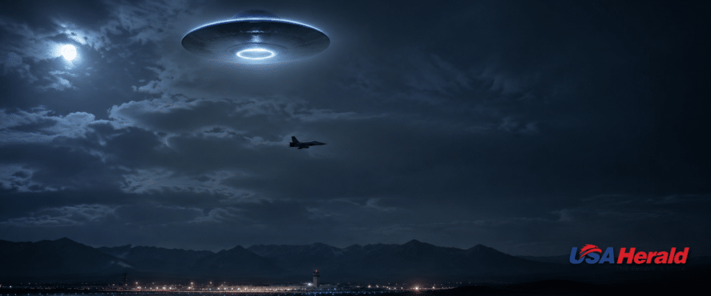 Night scene with a glowing circular UFO hovering above a dark landscape, a jet flying nearby and distant mountains at the horizon.