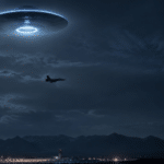 Night scene with a glowing circular UFO hovering above a dark landscape, a jet flying nearby and distant mountains at the horizon.