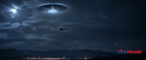 Night scene with a glowing circular UFO hovering above a dark landscape, a jet flying nearby and distant mountains at the horizon.