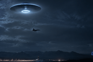 Night scene with a glowing circular UFO hovering above a dark landscape, a jet flying nearby and distant mountains at the horizon.