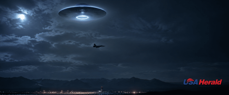 Night scene with a glowing circular UFO hovering above a dark landscape, a jet flying nearby and distant mountains at the horizon.